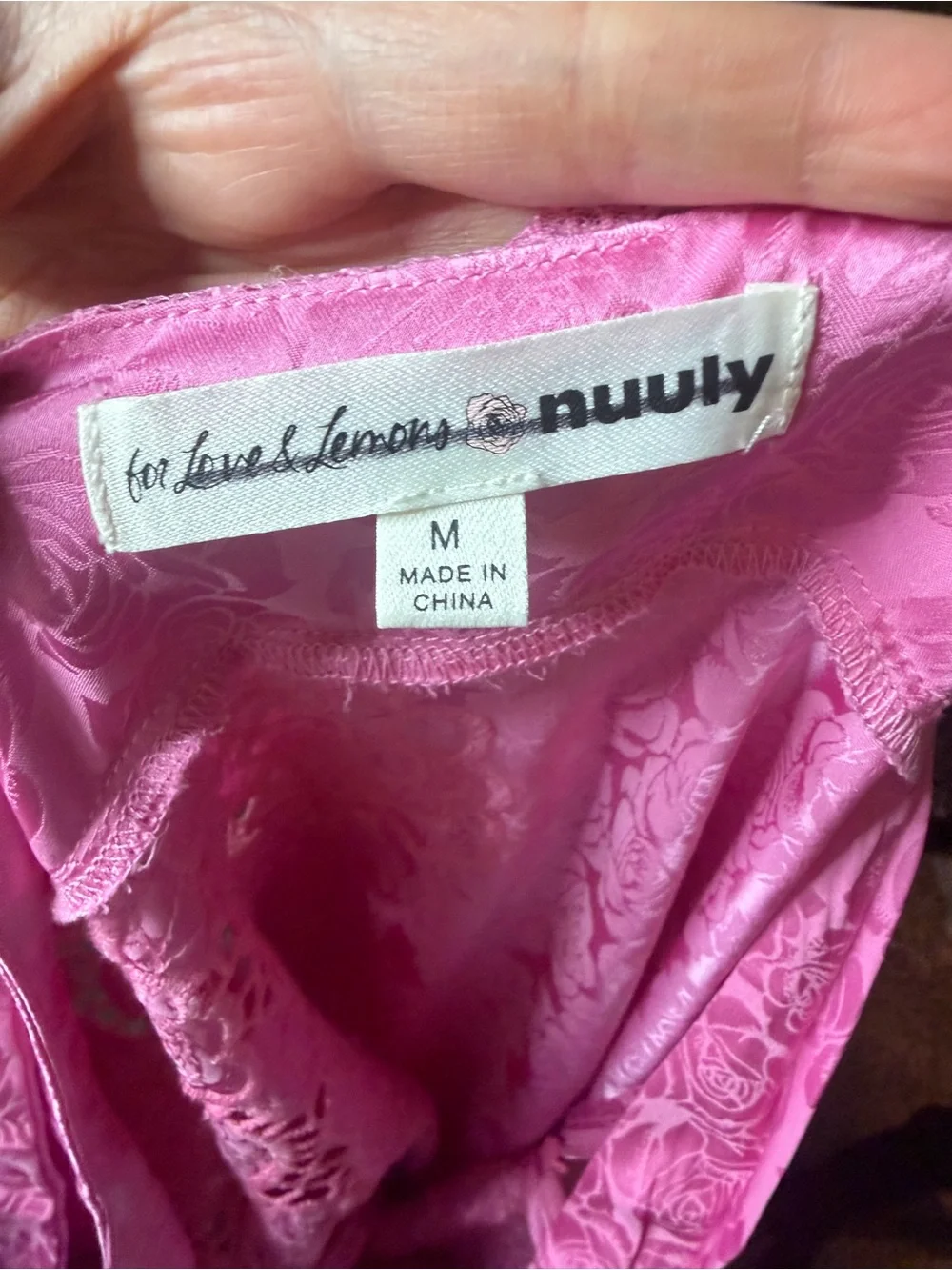 For Love & Lemons x Nuuly Pink Floral Jacquard Rosette Lace Mini Dress Size M